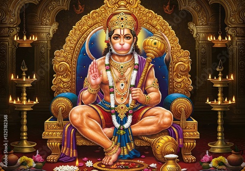 Majestic Lord Hanuman Seated on a Golden Throne: A Divine Representation of Strength, Devotion, and Protection in a Sacred Temple Ambience