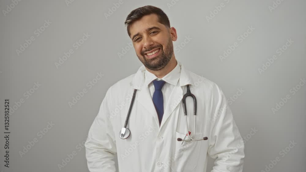 Confident doctor standing in white coat with stethoscope smiling over white background, portraying a professional and approachable medical professional. Confident doctor standing in white coat with stethoscope smiling over white background, portraying a professional and approachable medical professional.