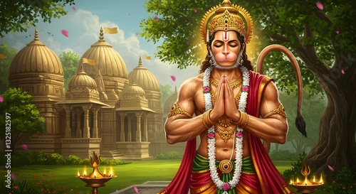 Divine Devotion: A Majestic Depiction of Lord Hanuman in Deep Meditation Amidst an Ancient Temple