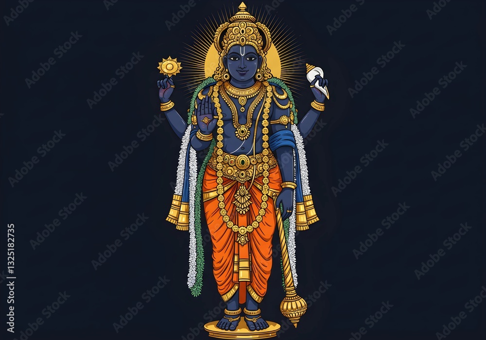 Fototapeta premium Divine Illustration of Lord Vishnu: The Preserver of the Universe Adorned in Gold and Orange Attire, Holding the Conch, Discus, Mace, and Lotus