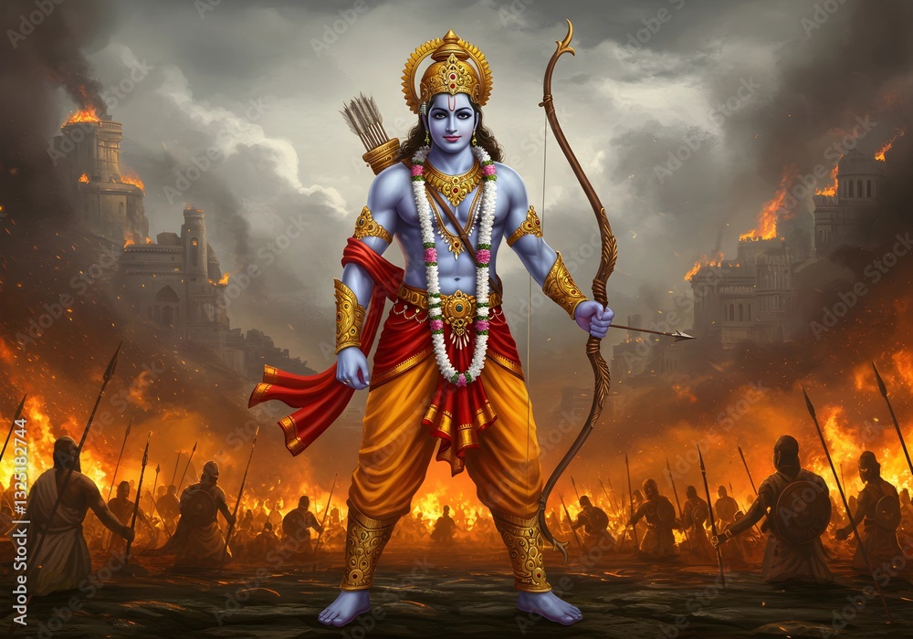 custom made wallpaper toronto digitalLord Rama, the Divine Warrior: A Majestic Depiction of the Prince of Ayodhya in Battle Stance, Wielding His Bow and Arrow Amidst the Fiery Destruction of Lanka