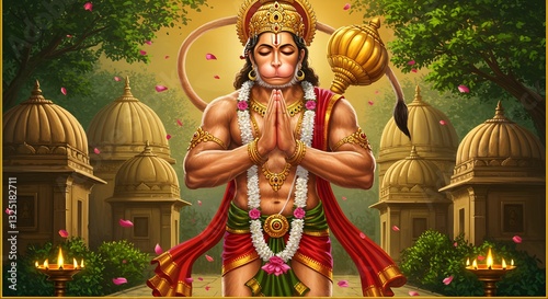 Divine Devotion: A Majestic Depiction of Lord Hanuman in Deep Meditation Amidst an Ancient Temple