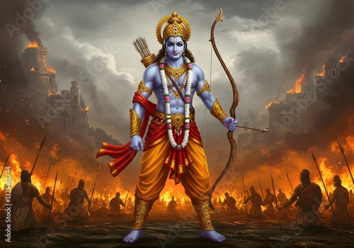 Lord Rama, the Divine Warrior: A Majestic Depiction of the Prince of Ayodhya in Battle Stance, Wielding His Bow and Arrow Amidst the Fiery Destruction of Lanka
