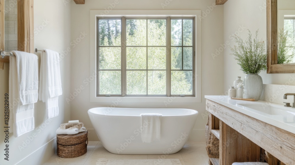 Fototapeta premium Luxurious Scandinavian-style bathroom featuring a freestanding tub and natural light in a serene setting