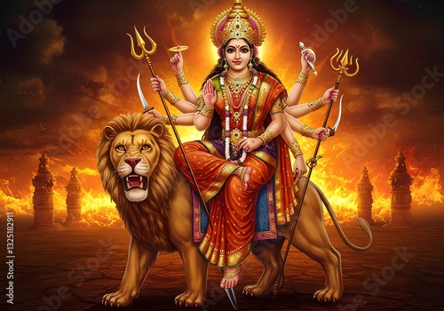 Majestic Depiction of Goddess Durga: The Fierce Divine Warrior Seated on Her Lion, Wielding Sacred Weapons, and Radiating Power Amidst a Fiery Battlefield