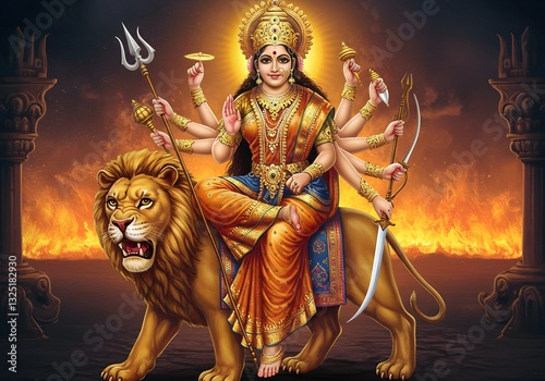 Majestic Depiction of Goddess Durga: The Fierce Divine Warrior Seated on Her Lion, Wielding Sacred Weapons, and Radiating Power Amidst a Fiery Battlefield