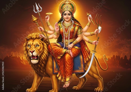 Majestic Depiction of Goddess Durga: The Fierce Divine Warrior Seated on Her Lion, Wielding Sacred Weapons, and Radiating Power Amidst a Fiery Battlefield