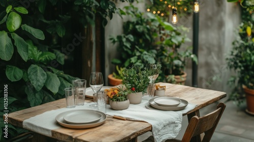 Charming minimalist outdoor dining area with greenery and warm lighting inviting a cozy gathering in the evening