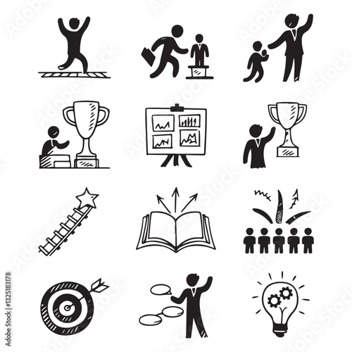 Collaboration Hand Drawn Vector Doodle Line Doodle career icon set. Success winner, business goal, challenge hand drawn sketch line pen stroke style icon. Professional business career,  Collaboration 