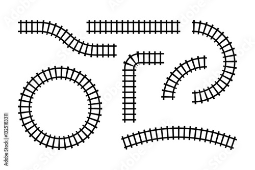 Collection of railroad segments. Rail road elements top view. Train track straight and waved lines isolated on white background. Vector illustration.