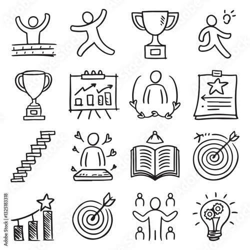 Collaboration Hand Drawn Vector Doodle Line Doodle career icon set. Success winner, business goal, challenge hand drawn sketch line pen stroke style icon. Professional business career,  Collaboration 