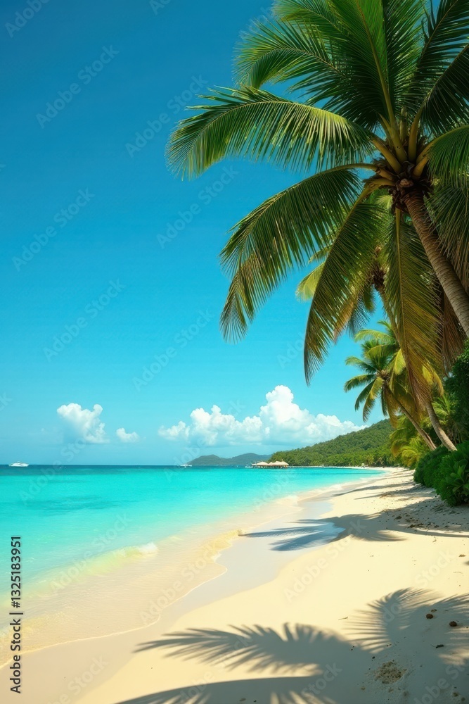 Obraz premium Golden sand, turquoise water, palm trees sway gently in breeze, green, Maldives