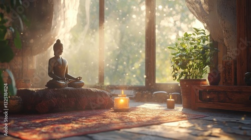 A cozy morning of meditation with soft sunlight streaming through the windows, Meditation, Peaceful and serene