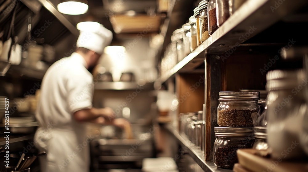 Chef preparing food in a restaurant kitchen with spice jars. Chef preparing food in a restaurant kitchen with spice jars.