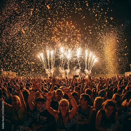 Confetti Fireworks Above the Crowd at Music Festival - Spectacular Celebration Scene