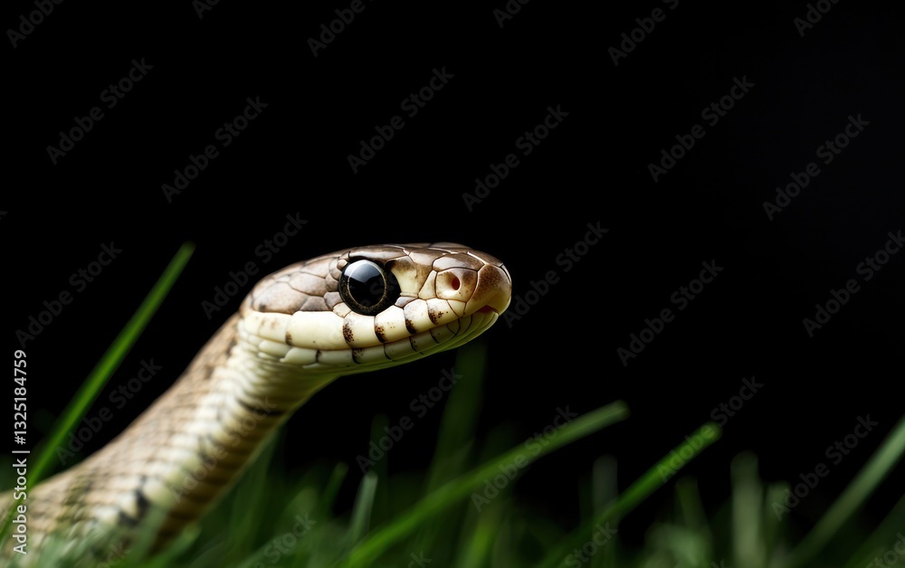 Close-up of a small snake's head and neck emerging from green grass against a black background. The snake has dark eyes and light brown and gray scales Close-up of a small snake's head and neck emerging from green grass against a black background. The snake has dark eyes and light brown and gray scales