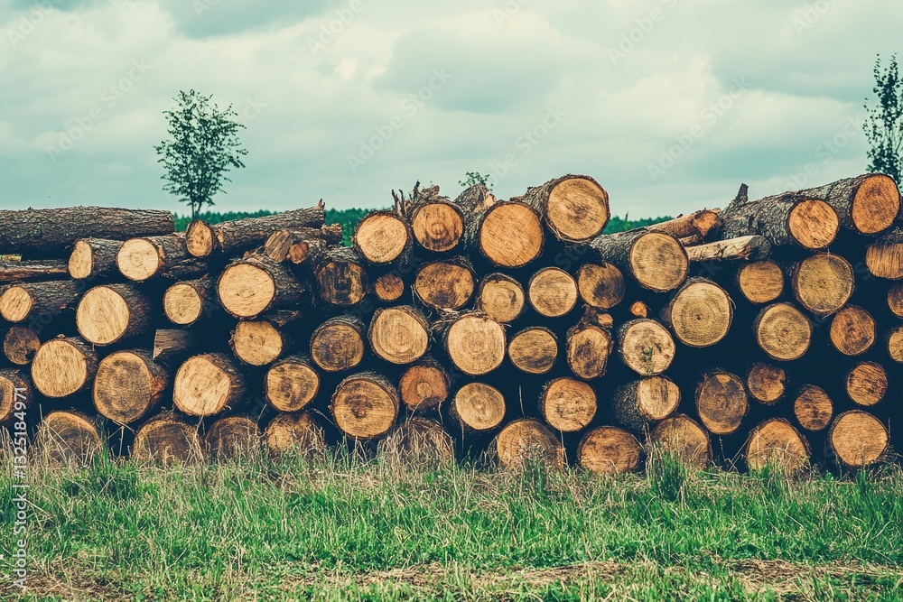 Stacked logs in a forest