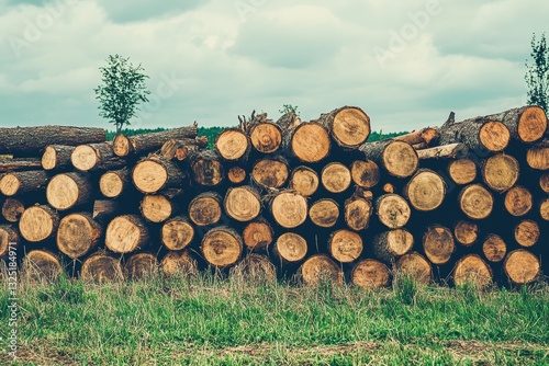 Stacked logs in a forest photo