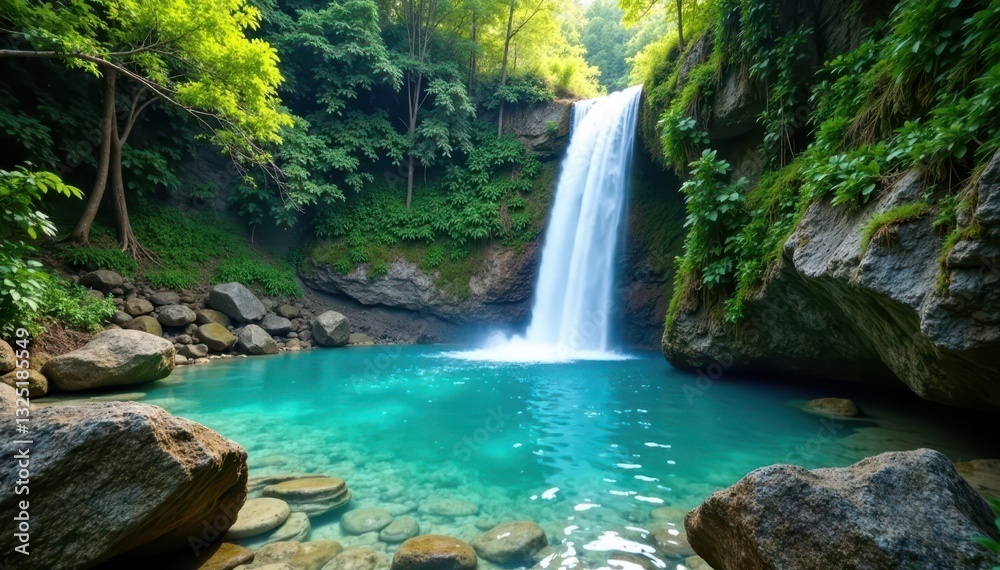 Naklejka premium Hidden turquoise pool fed by cascading waterfalls , vibrant, majestic, powerful