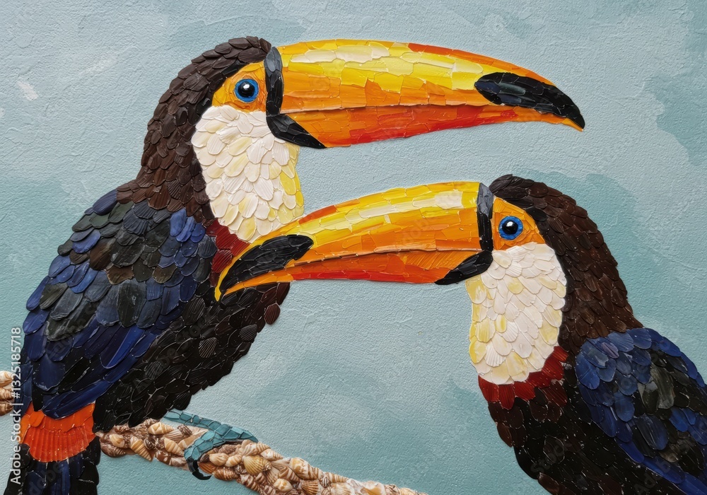 Obraz premium Colorful mosaic art of toucans on perch with bright beaks against teal background