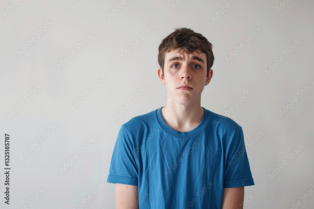 Obraz premium Young man touching his stomach isolated on gray background space. Abdominal pain or ache concept