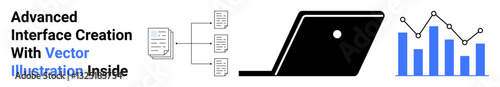 Laptop with node flow chart and bar-graph analytics. Ideal for technology, data management, UIUX design, programming, data visualization, workflow automation, abstract line flat metaphor