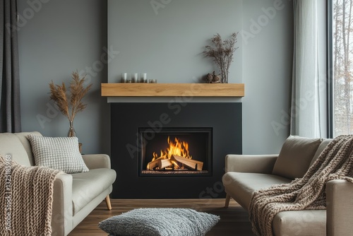 A warm living room with a sleek black fireplace, light gray walls, wooden accents, and a beige loveseat complemented by knit throws