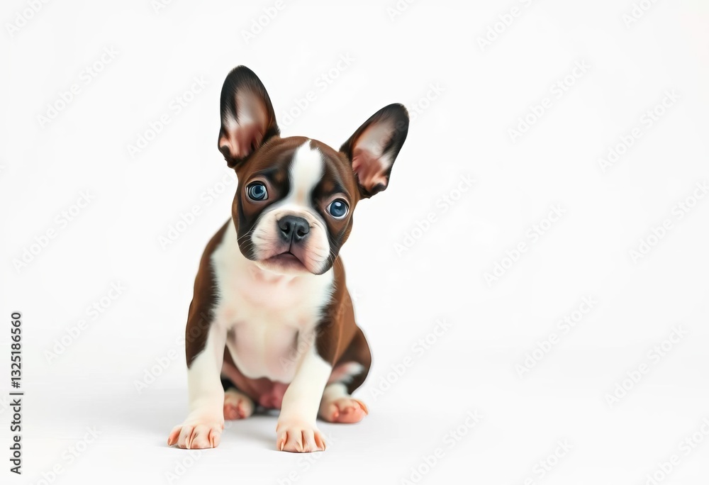 Adorable Boston Terrier puppy, white background, playful pose, fur, purebred Adorable Boston Terrier puppy, white background, playful pose, fur, purebred