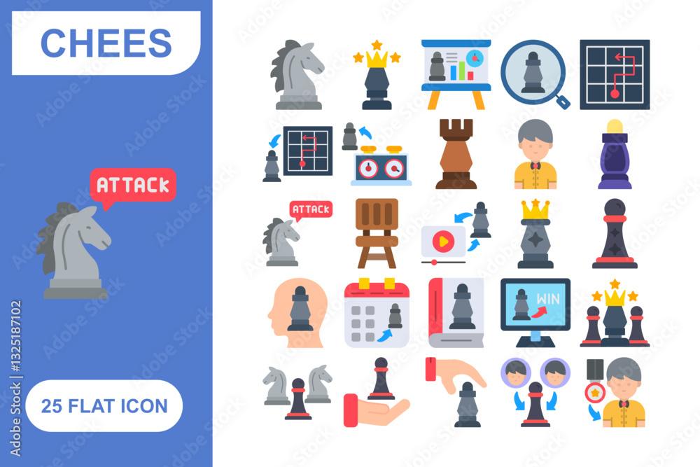 Obraz premium Chess Flat Icon Set, Collection of 25 Chess Flat Icon Set – 25 Strategy, Board Game, and Piece Icons