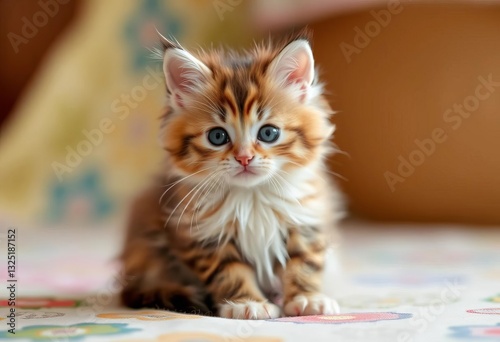 Adorable fluffy kitten sitting, looking directly at camera, paws, munchkin