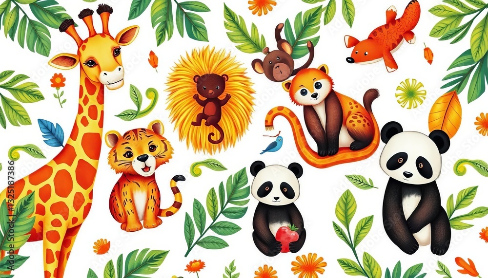 Obraz premium Adorable jungle animal print featuring giraffe, lion, tiger, monkey, fox, panda, and bear on white background, children, vector illustration