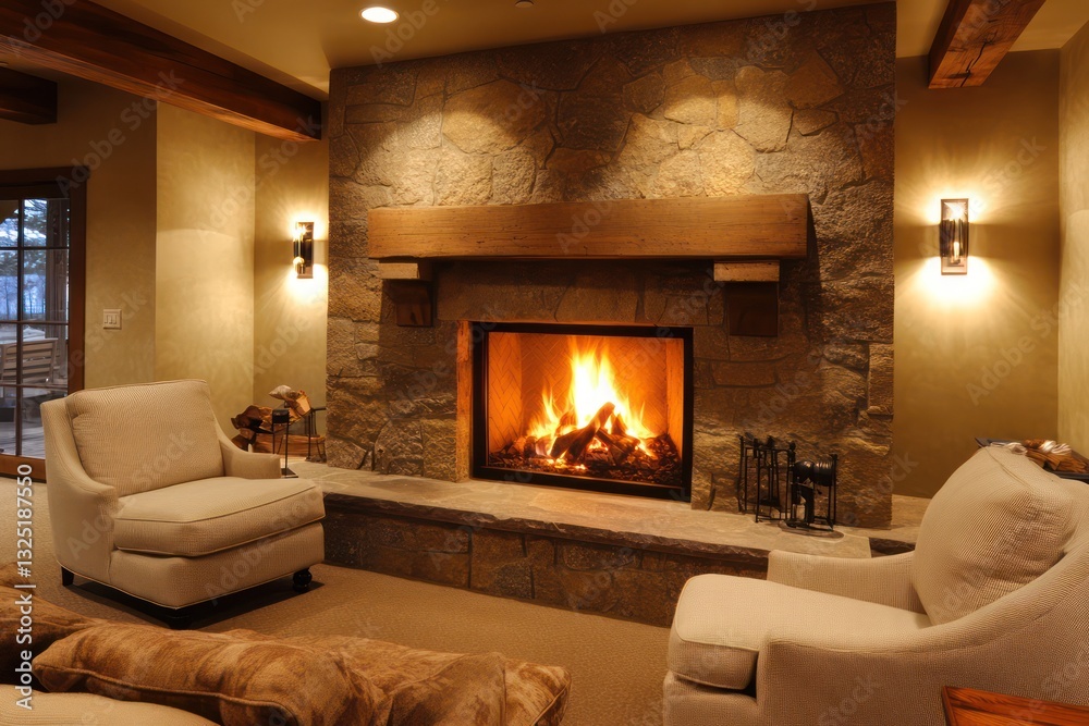 A welcoming space with a traditional stone fireplace, beige linen chairs, soft lighting, and subtle earthy tones A welcoming space with a traditional stone fireplace, beige linen chairs, soft lighting, and subtle earthy tones