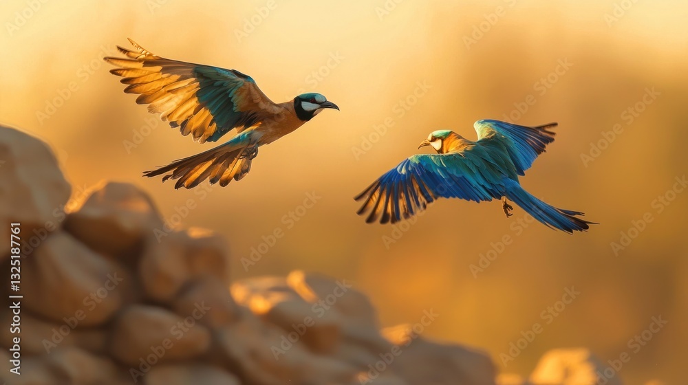 Fototapeta premium Two colorful birds in flight at sunset.