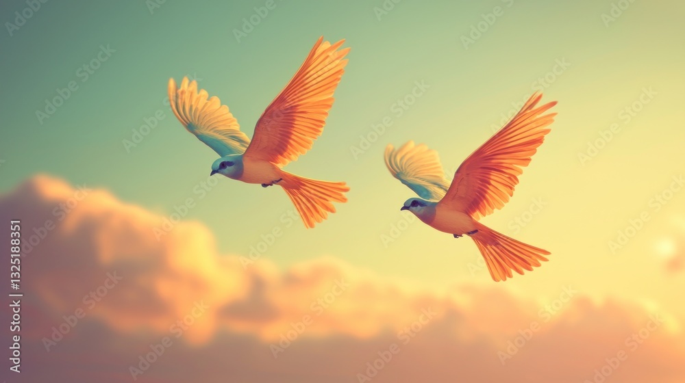 Fototapeta premium Two birds soaring in a vibrant sunset sky.