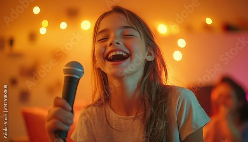 A family enjoying an evening of karaoke in the living room, Family Fun, Joyful and energetic