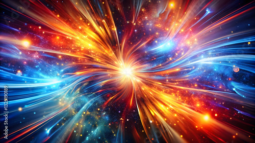 vibrant swirling canvas of deep blues, reds, and golds creates cosmic explosion