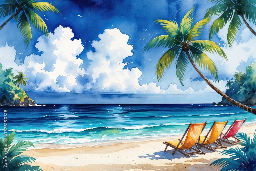 Naklejka premium Hand-Painted Tropical Beach Watercolor Illustration with Ocean Background and Summer Vibes