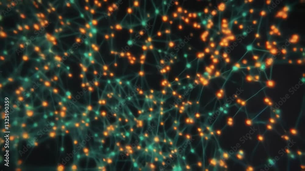 Complex network of interconnected nodes communicating and exchanging data, symbolizing innovative manufacturing processes in a futuristic setting with vibrant colors