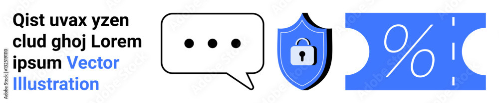 Chat bubble, secure shield with lock icon, and coupon with percent sign in blue. Ideal for digital communication, online security, discounts, promotions, marketing, e-commerce data protection Chat bubble, secure shield with lock icon, and coupon with percent sign in blue. Ideal for digital communication, online security, discounts, promotions, marketing, e-commerce data protection