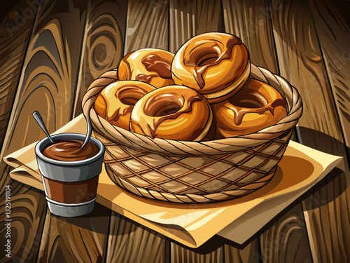 vector of  A basket of golden-brown donuts, lightly glazed and glistening, presented with a side of dark dipping sauce on a rustic wood surface creating an inviting and tempting dessert still