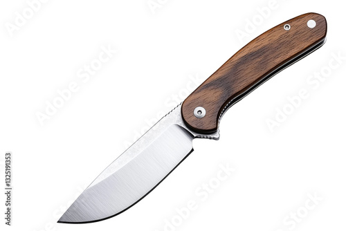 Knife with a wooden handle is shown on a white background, isolated