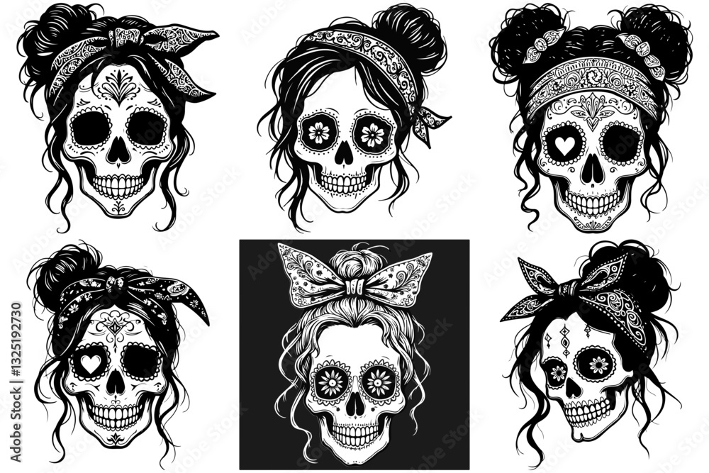 Fototapeta premium Messy Bun Girl Skull Svg Files, Mom Bun Hair Clipart Silhouette Vector Image, Skeleton T shirt Design, Digital Download Sugar Skulls