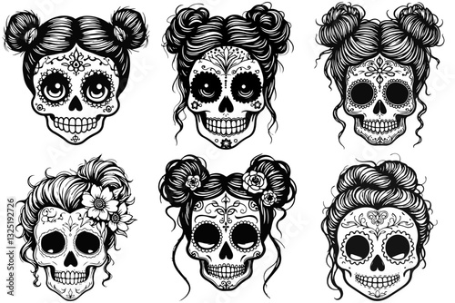 Messy Bun Girl Skull Svg  Files, Mom Bun Hair Clipart Silhouette Vector Image, Skeleton T shirt Design, Digital Download Sugar Skulls