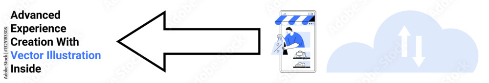 Bold arrow points to digital workflow with human-centered design app inside, paired with cloud sync icon. Ideal for technology, innovation, app design, data transfer, cloud systems, UIUX, flat Bold arrow points to digital workflow with human-centered design app inside, paired with cloud sync icon. Ideal for technology, innovation, app design, data transfer, cloud systems, UIUX, flat