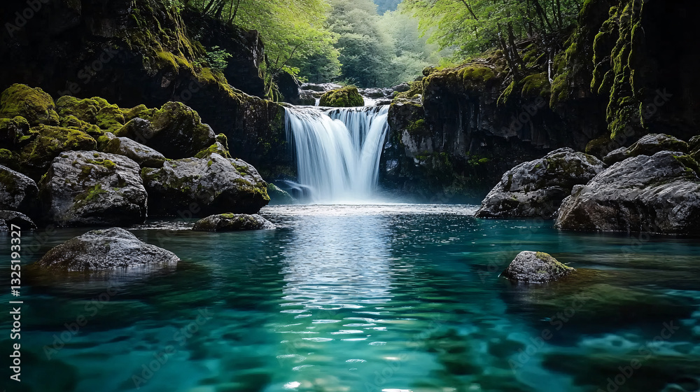 Fototapeta premium Tranquil Waterfall Scenery with Rocks and Lush Green Moss in a Dense Forest Environment