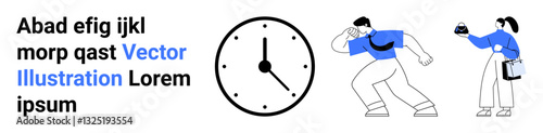 Clock symbolizing time, person holding stopwatch, another carrying documents. Ideal for productivity, time management, collaboration, organization, deadlines, task planning flat landing page banner
