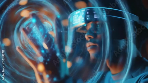 Wallpaper Mural Black male engineer wearing ar glasses is using augmented reality software interacting with holographic data in innovative manufacturing process in futuristic laboratory Torontodigital.ca