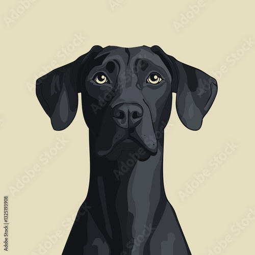 Illustration of a majestic black dog with a thoughtful expression on a soft beige background