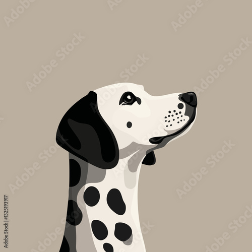 Profile view of a Dalmatian dog with distinctive spots on a neutral background