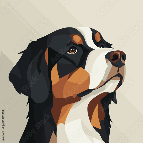 Stylized vector illustration of a Bernese Mountain Dog with geometric shapes and a neutral background